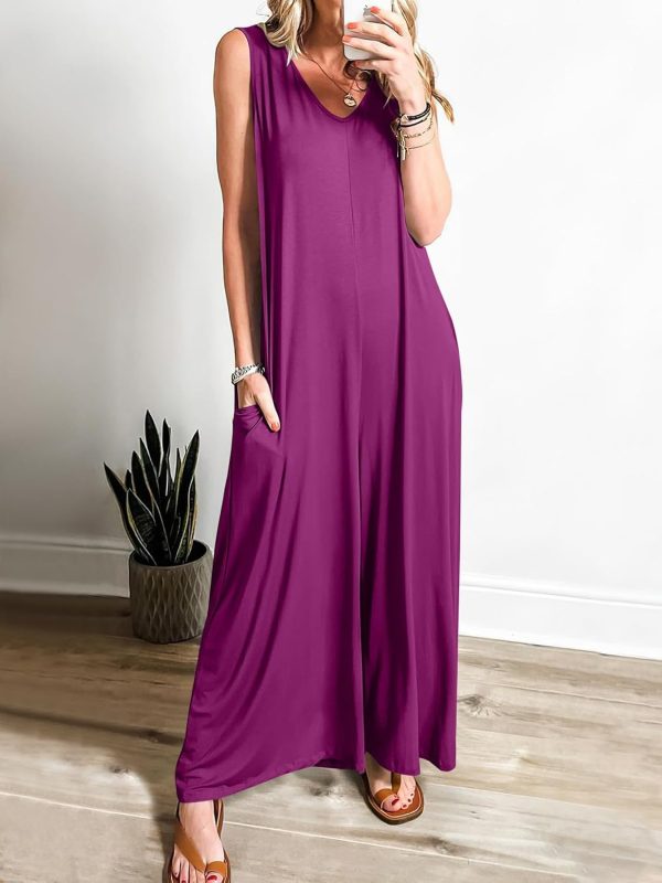 ANRABESS Women's Casual Summer Loose Jumpsuits Sleeveless Tank V Neck Wide Leg Long Pant Rompers Baggy Jumper with Pockets - Image 5