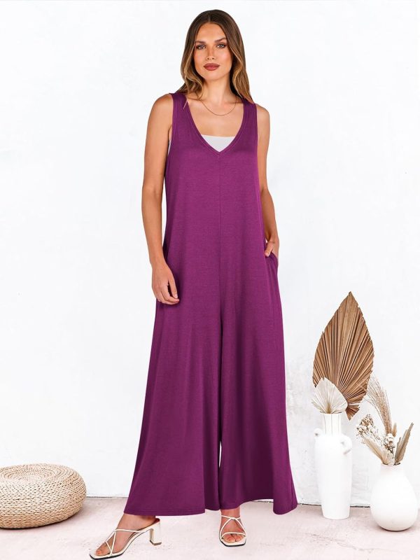ANRABESS Women's Casual Summer Loose Jumpsuits Sleeveless Tank V Neck Wide Leg Long Pant Rompers Baggy Jumper with Pockets - Image 7