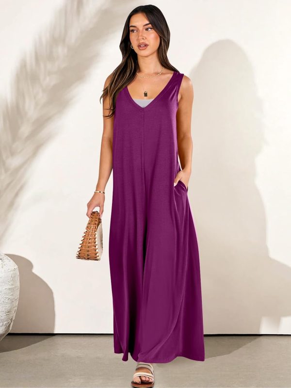 ANRABESS Women's Casual Summer Loose Jumpsuits Sleeveless Tank V Neck Wide Leg Long Pant Rompers Baggy Jumper with Pockets - Image 8