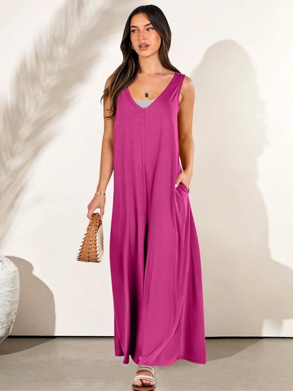ANRABESS Women's Casual Summer Loose Jumpsuits Sleeveless Tank V Neck Wide Leg Long Pant Rompers Baggy Jumper with Pockets - Image 16