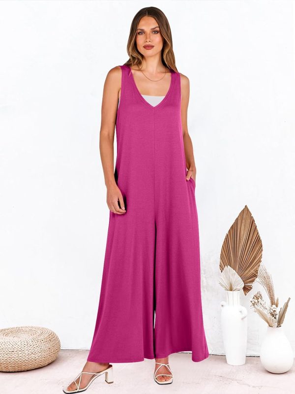 ANRABESS Women's Casual Summer Loose Jumpsuits Sleeveless Tank V Neck Wide Leg Long Pant Rompers Baggy Jumper with Pockets - Image 18