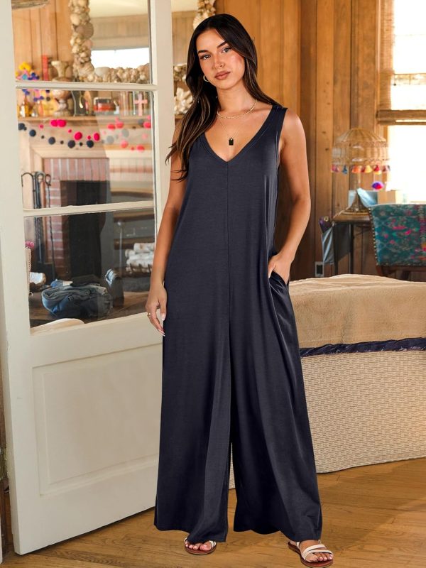 ANRABESS Women's Casual Summer Loose Jumpsuits Sleeveless Tank V Neck Wide Leg Long Pant Rompers Baggy Jumper with Pockets - Image 38