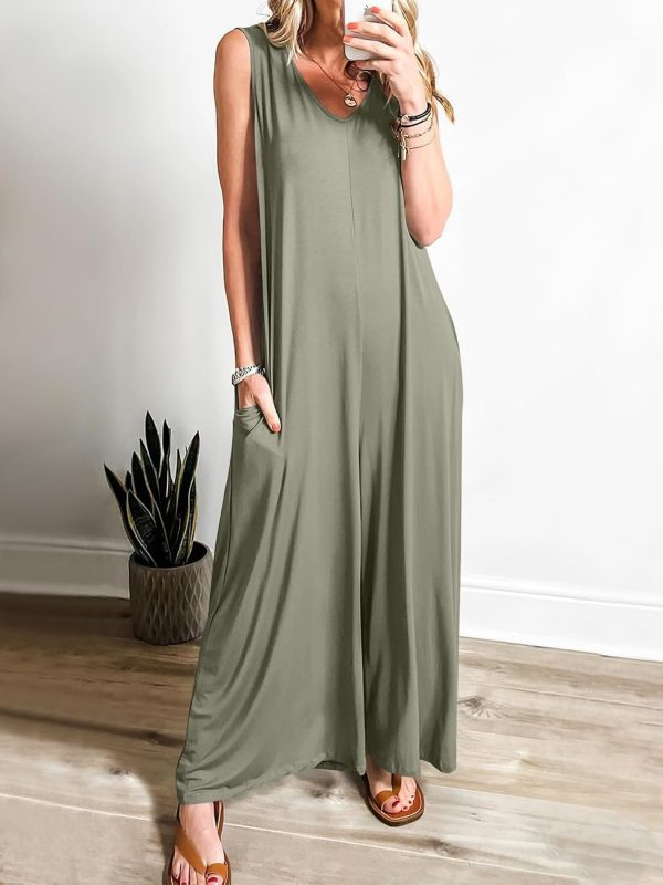 ANRABESS Women's Casual Summer Loose Jumpsuits Sleeveless Tank V Neck Wide Leg Long Pant Rompers Baggy Jumper with Pockets - Image 59