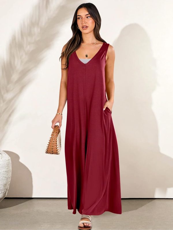 ANRABESS Women's Casual Summer Loose Jumpsuits Sleeveless Tank V Neck Wide Leg Long Pant Rompers Baggy Jumper with Pockets - Image 80