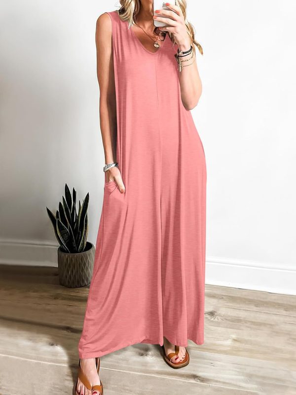 ANRABESS Women's Casual Summer Loose Jumpsuits Sleeveless Tank V Neck Wide Leg Long Pant Rompers Baggy Jumper with Pockets - Image 86