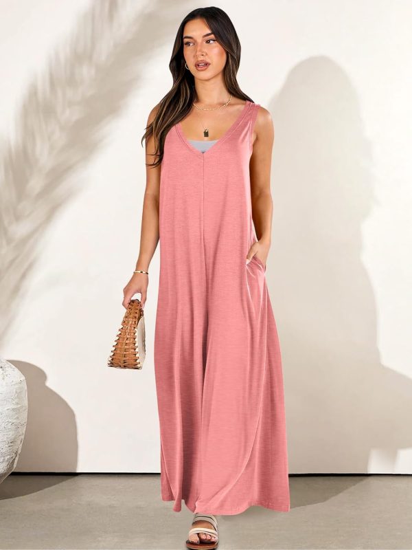 ANRABESS Women's Casual Summer Loose Jumpsuits Sleeveless Tank V Neck Wide Leg Long Pant Rompers Baggy Jumper with Pockets - Image 88