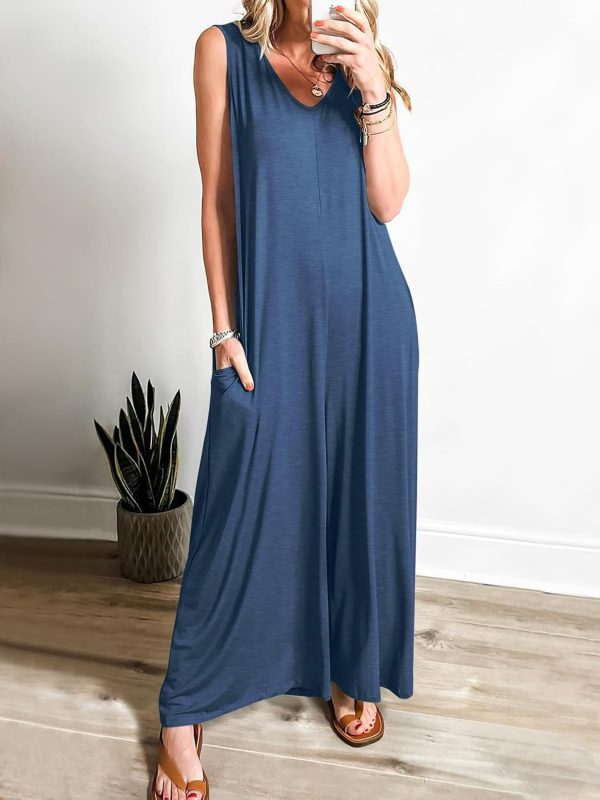 ANRABESS Women's Casual Summer Loose Jumpsuits Sleeveless Tank V Neck Wide Leg Long Pant Rompers Baggy Jumper with Pockets - Image 104