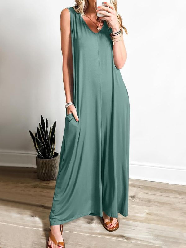 ANRABESS Women's Casual Summer Loose Jumpsuits Sleeveless Tank V Neck Wide Leg Long Pant Rompers Baggy Jumper with Pockets - Image 113