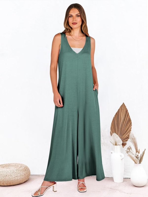 ANRABESS Women's Casual Summer Loose Jumpsuits Sleeveless Tank V Neck Wide Leg Long Pant Rompers Baggy Jumper with Pockets - Image 115