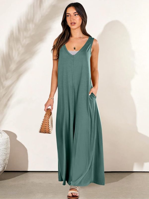 ANRABESS Women's Casual Summer Loose Jumpsuits Sleeveless Tank V Neck Wide Leg Long Pant Rompers Baggy Jumper with Pockets - Image 116