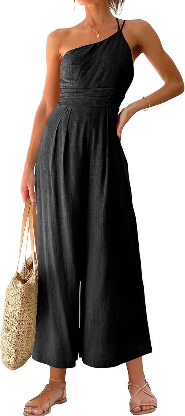 ANRABESS Women's Summer Straps One Shoulder High Waist Dressy Casual Wide Leg Linen Jumpsuit Romper Beach Travel Outfits