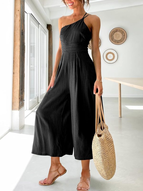 ANRABESS Women's Summer Straps One Shoulder High Waist Dressy Casual Wide Leg Linen Jumpsuit Romper Beach Travel Outfits - Image 2