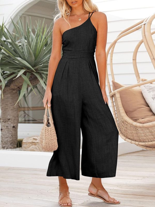 ANRABESS Women's Summer Straps One Shoulder High Waist Dressy Casual Wide Leg Linen Jumpsuit Romper Beach Travel Outfits - Image 4