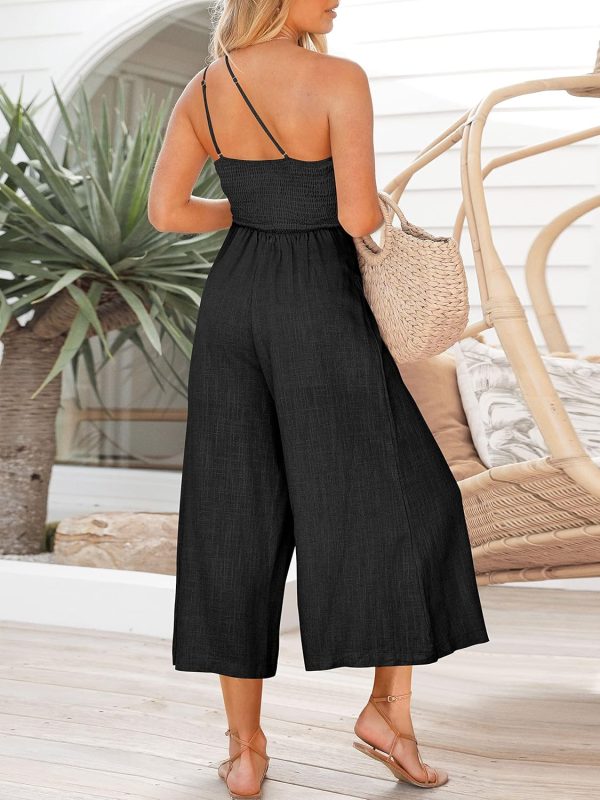 ANRABESS Women's Summer Straps One Shoulder High Waist Dressy Casual Wide Leg Linen Jumpsuit Romper Beach Travel Outfits - Image 6