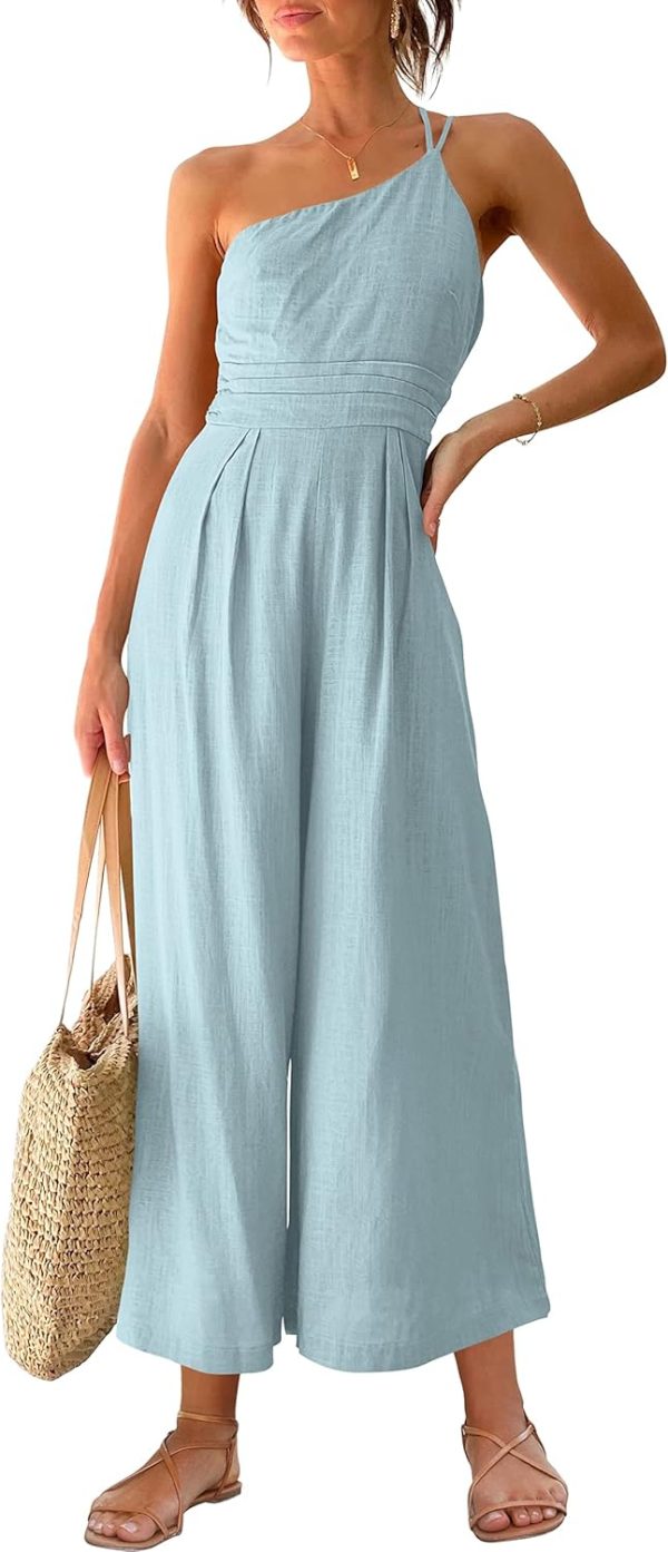 ANRABESS Women's Summer Straps One Shoulder High Waist Dressy Casual Wide Leg Linen Jumpsuit Romper Beach Travel Outfits - Image 8