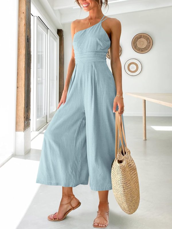 ANRABESS Women's Summer Straps One Shoulder High Waist Dressy Casual Wide Leg Linen Jumpsuit Romper Beach Travel Outfits - Image 9
