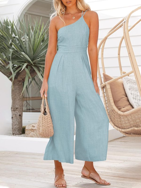 ANRABESS Women's Summer Straps One Shoulder High Waist Dressy Casual Wide Leg Linen Jumpsuit Romper Beach Travel Outfits - Image 11
