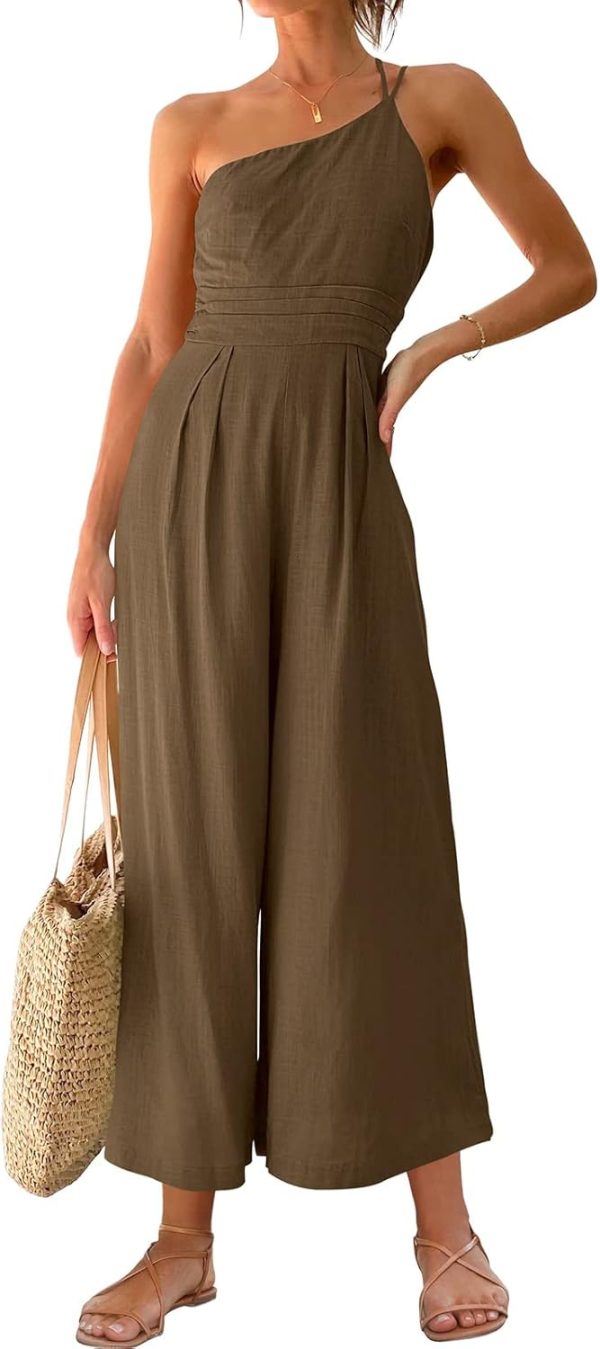 ANRABESS Women's Summer Straps One Shoulder High Waist Dressy Casual Wide Leg Linen Jumpsuit Romper Beach Travel Outfits - Image 14