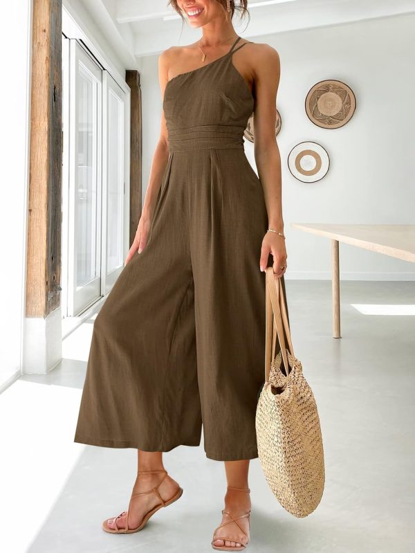ANRABESS Women's Summer Straps One Shoulder High Waist Dressy Casual Wide Leg Linen Jumpsuit Romper Beach Travel Outfits - Image 15