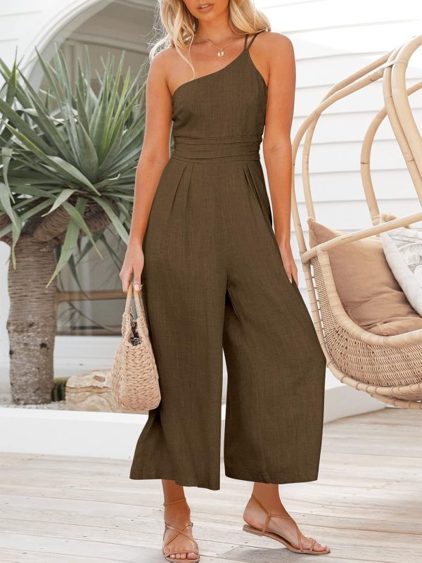 ANRABESS Women's Summer Straps One Shoulder High Waist Dressy Casual Wide Leg Linen Jumpsuit Romper Beach Travel Outfits - Image 17