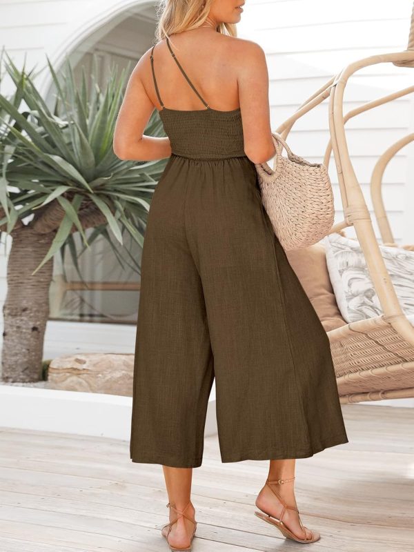 ANRABESS Women's Summer Straps One Shoulder High Waist Dressy Casual Wide Leg Linen Jumpsuit Romper Beach Travel Outfits - Image 19