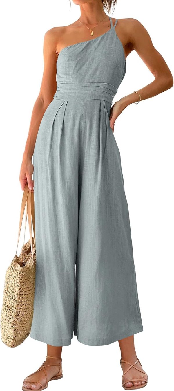 ANRABESS Women's Summer Straps One Shoulder High Waist Dressy Casual Wide Leg Linen Jumpsuit Romper Beach Travel Outfits - Image 20