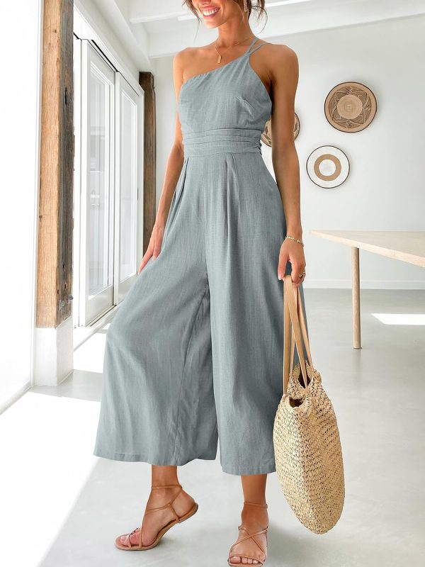 ANRABESS Women's Summer Straps One Shoulder High Waist Dressy Casual Wide Leg Linen Jumpsuit Romper Beach Travel Outfits - Image 21