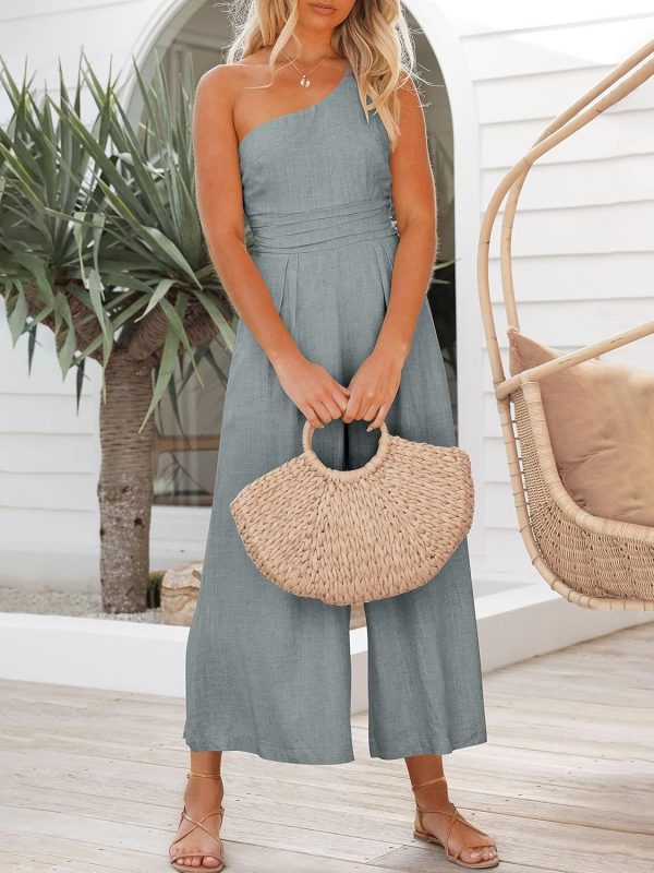 ANRABESS Women's Summer Straps One Shoulder High Waist Dressy Casual Wide Leg Linen Jumpsuit Romper Beach Travel Outfits - Image 22