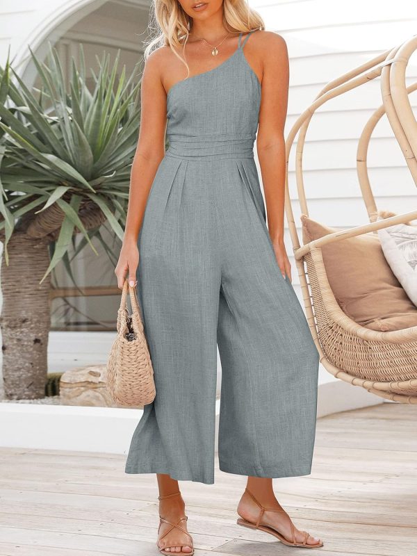 ANRABESS Women's Summer Straps One Shoulder High Waist Dressy Casual Wide Leg Linen Jumpsuit Romper Beach Travel Outfits - Image 23