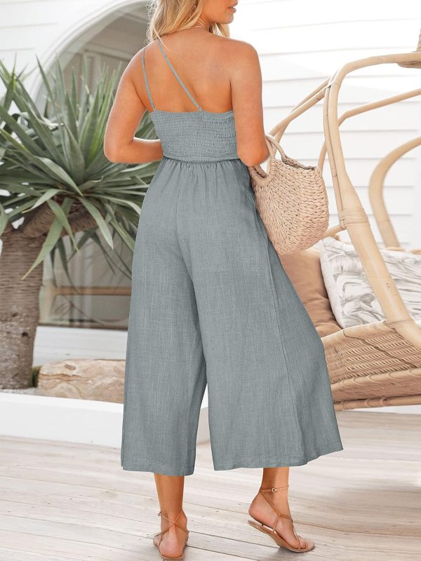 ANRABESS Women's Summer Straps One Shoulder High Waist Dressy Casual Wide Leg Linen Jumpsuit Romper Beach Travel Outfits - Image 25