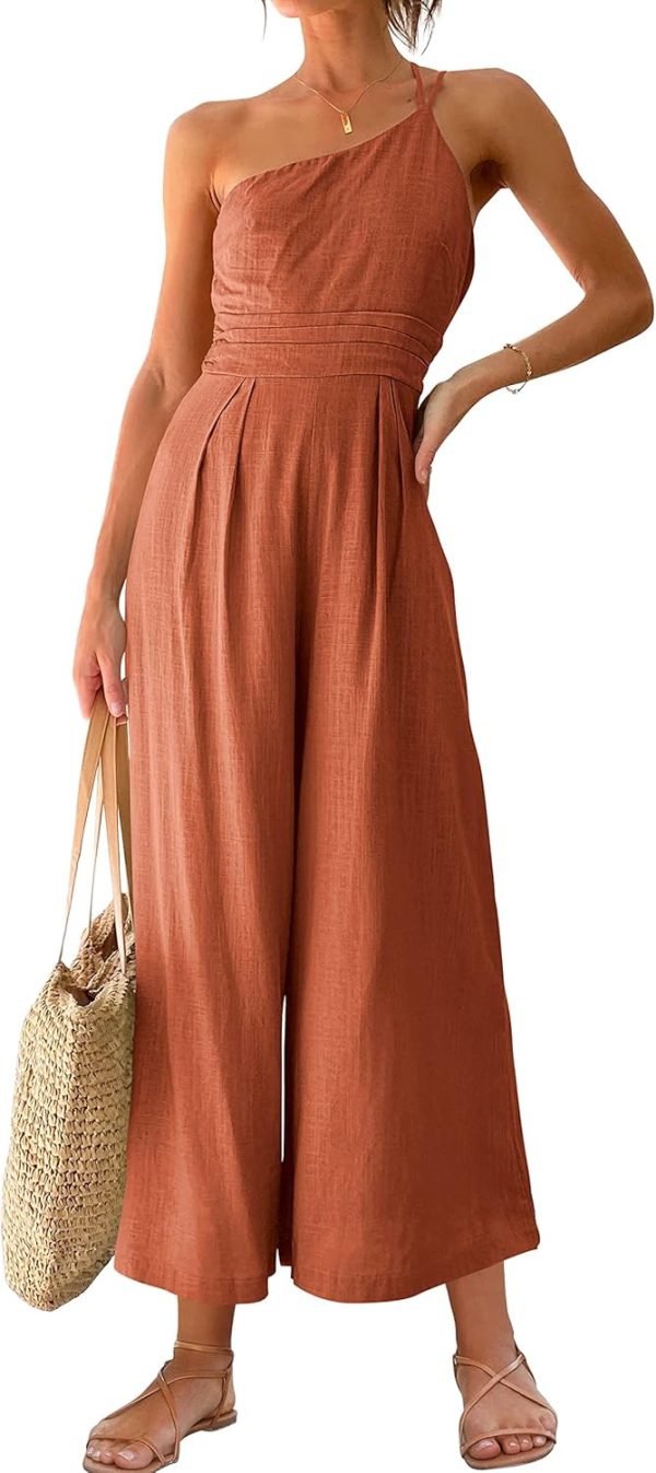 ANRABESS Women's Summer Straps One Shoulder High Waist Dressy Casual Wide Leg Linen Jumpsuit Romper Beach Travel Outfits - Image 26