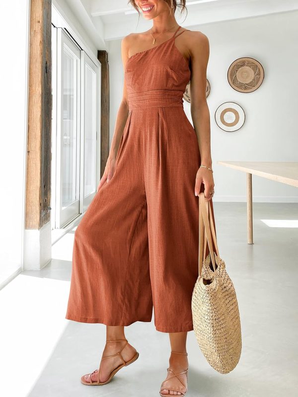 ANRABESS Women's Summer Straps One Shoulder High Waist Dressy Casual Wide Leg Linen Jumpsuit Romper Beach Travel Outfits - Image 27