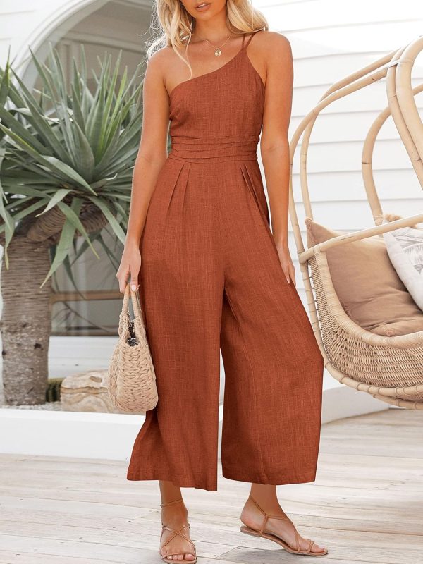 ANRABESS Women's Summer Straps One Shoulder High Waist Dressy Casual Wide Leg Linen Jumpsuit Romper Beach Travel Outfits - Image 29