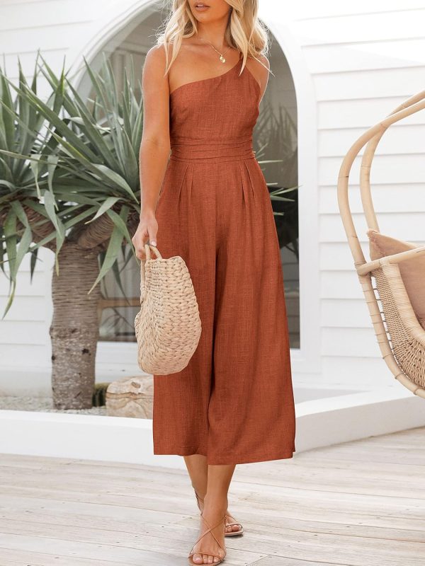 ANRABESS Women's Summer Straps One Shoulder High Waist Dressy Casual Wide Leg Linen Jumpsuit Romper Beach Travel Outfits - Image 30