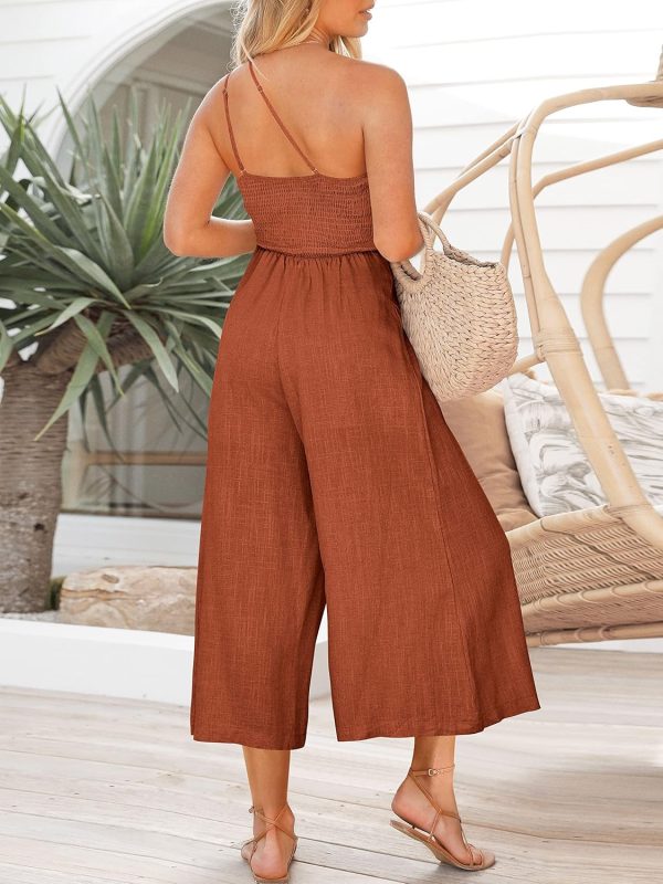 ANRABESS Women's Summer Straps One Shoulder High Waist Dressy Casual Wide Leg Linen Jumpsuit Romper Beach Travel Outfits - Image 31
