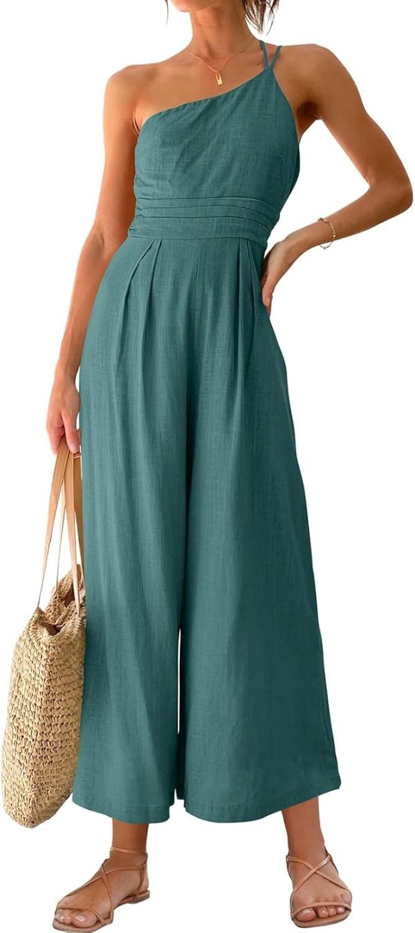 ANRABESS Women's Summer Straps One Shoulder High Waist Dressy Casual Wide Leg Linen Jumpsuit Romper Beach Travel Outfits - Image 32
