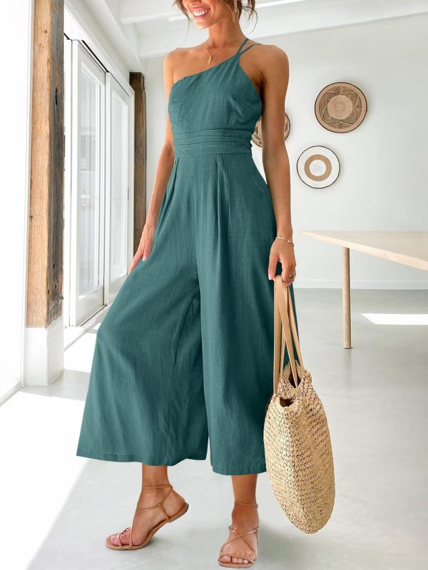 ANRABESS Women's Summer Straps One Shoulder High Waist Dressy Casual Wide Leg Linen Jumpsuit Romper Beach Travel Outfits - Image 33