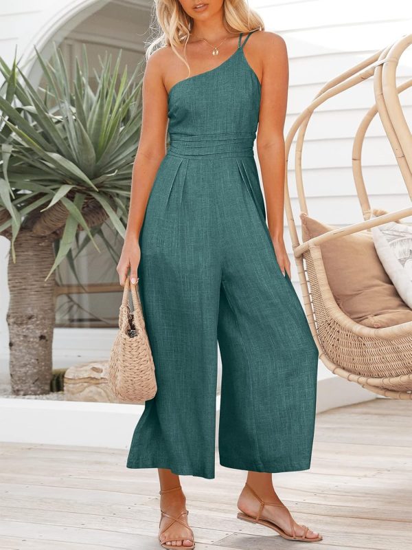 ANRABESS Women's Summer Straps One Shoulder High Waist Dressy Casual Wide Leg Linen Jumpsuit Romper Beach Travel Outfits - Image 35