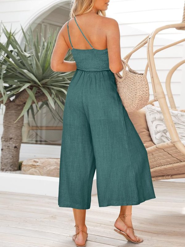 ANRABESS Women's Summer Straps One Shoulder High Waist Dressy Casual Wide Leg Linen Jumpsuit Romper Beach Travel Outfits - Image 37