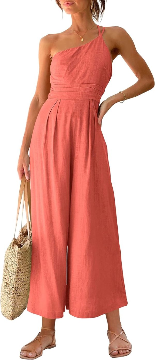 ANRABESS Women's Summer Straps One Shoulder High Waist Dressy Casual Wide Leg Linen Jumpsuit Romper Beach Travel Outfits - Image 38