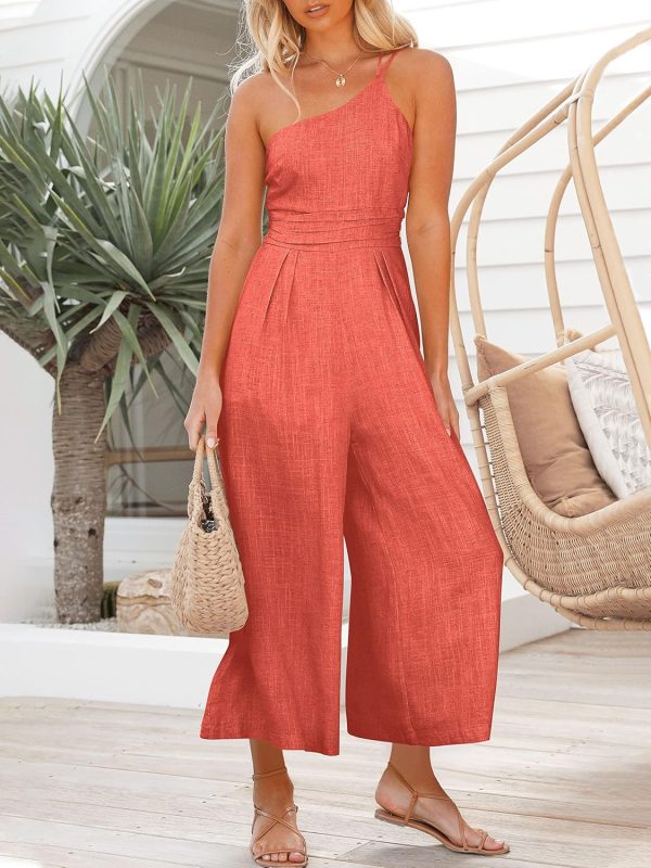 ANRABESS Women's Summer Straps One Shoulder High Waist Dressy Casual Wide Leg Linen Jumpsuit Romper Beach Travel Outfits - Image 41