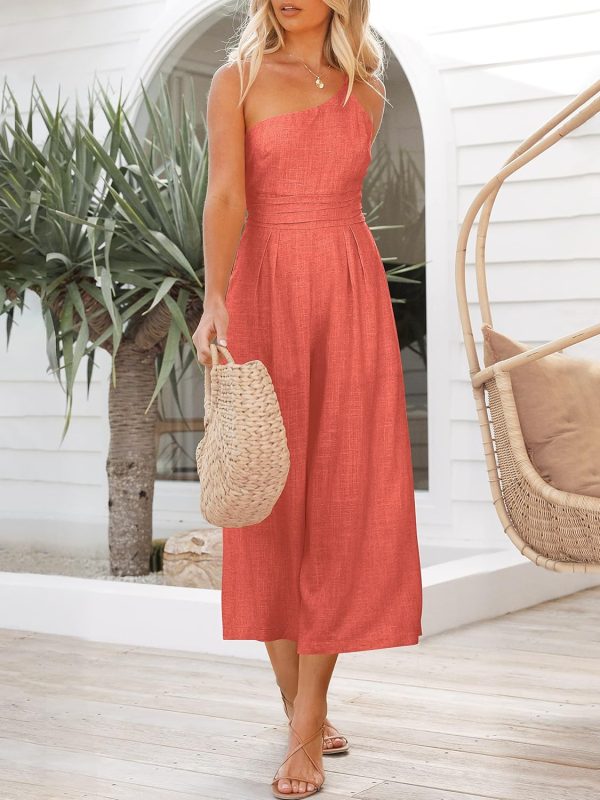 ANRABESS Women's Summer Straps One Shoulder High Waist Dressy Casual Wide Leg Linen Jumpsuit Romper Beach Travel Outfits - Image 42