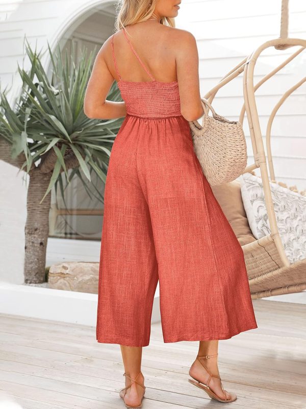 ANRABESS Women's Summer Straps One Shoulder High Waist Dressy Casual Wide Leg Linen Jumpsuit Romper Beach Travel Outfits - Image 43