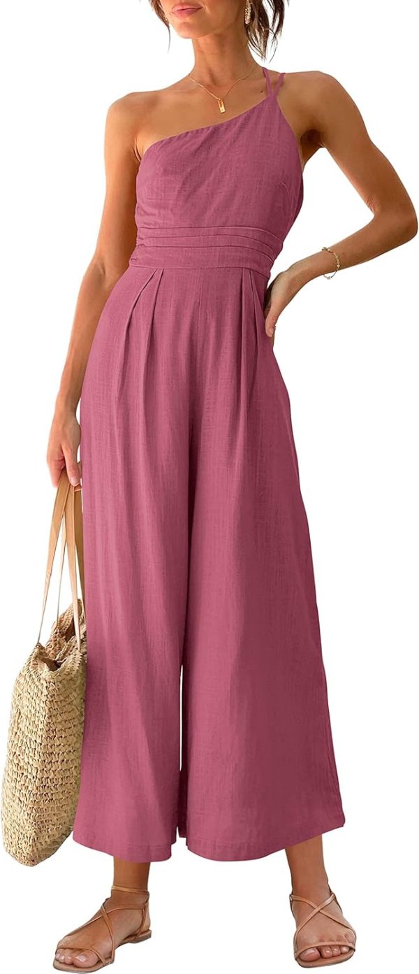 ANRABESS Women's Summer Straps One Shoulder High Waist Dressy Casual Wide Leg Linen Jumpsuit Romper Beach Travel Outfits - Image 44
