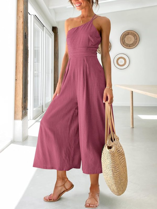 ANRABESS Women's Summer Straps One Shoulder High Waist Dressy Casual Wide Leg Linen Jumpsuit Romper Beach Travel Outfits - Image 45