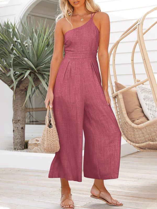 ANRABESS Women's Summer Straps One Shoulder High Waist Dressy Casual Wide Leg Linen Jumpsuit Romper Beach Travel Outfits - Image 47