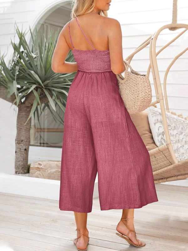 ANRABESS Women's Summer Straps One Shoulder High Waist Dressy Casual Wide Leg Linen Jumpsuit Romper Beach Travel Outfits - Image 49