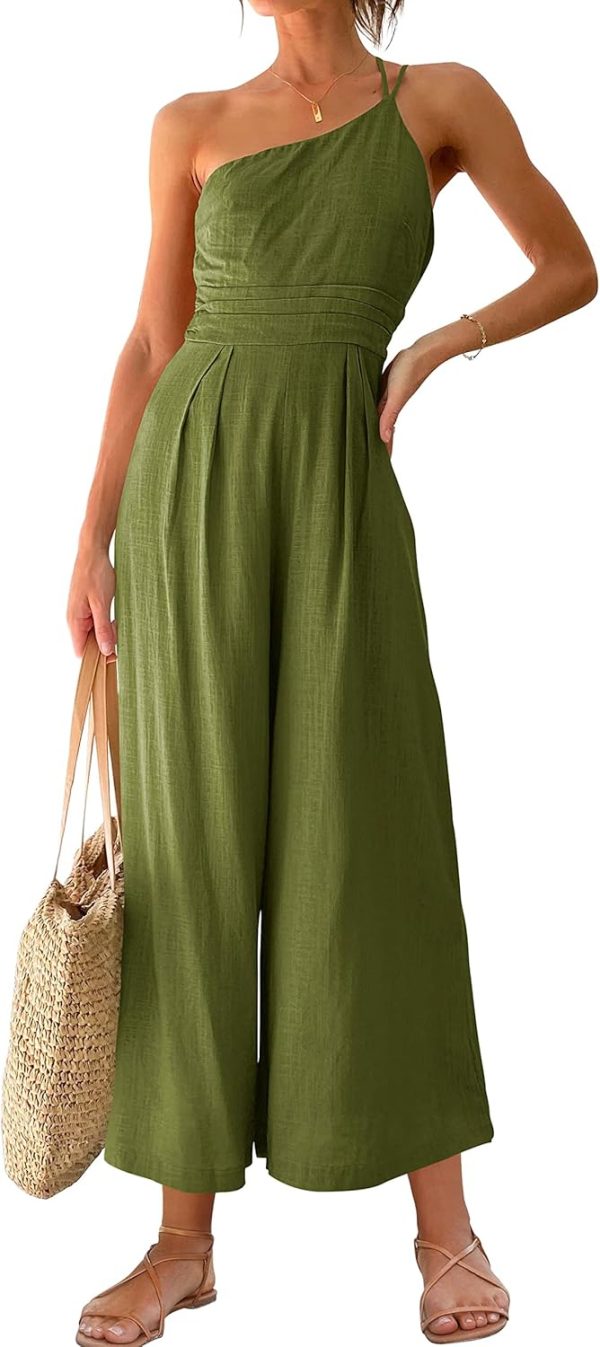 ANRABESS Women's Summer Straps One Shoulder High Waist Dressy Casual Wide Leg Linen Jumpsuit Romper Beach Travel Outfits - Image 50