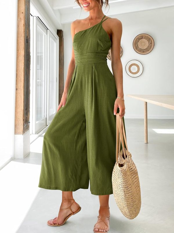 ANRABESS Women's Summer Straps One Shoulder High Waist Dressy Casual Wide Leg Linen Jumpsuit Romper Beach Travel Outfits - Image 51