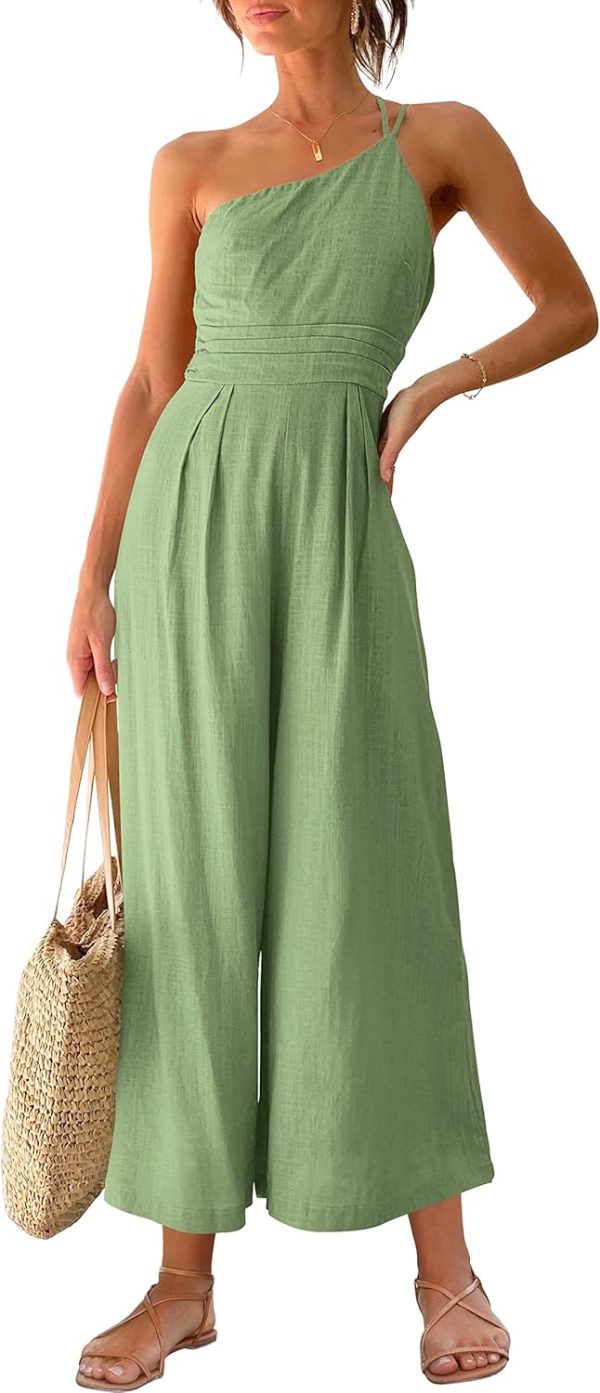 ANRABESS Women's Summer Straps One Shoulder High Waist Dressy Casual Wide Leg Linen Jumpsuit Romper Beach Travel Outfits - Image 56